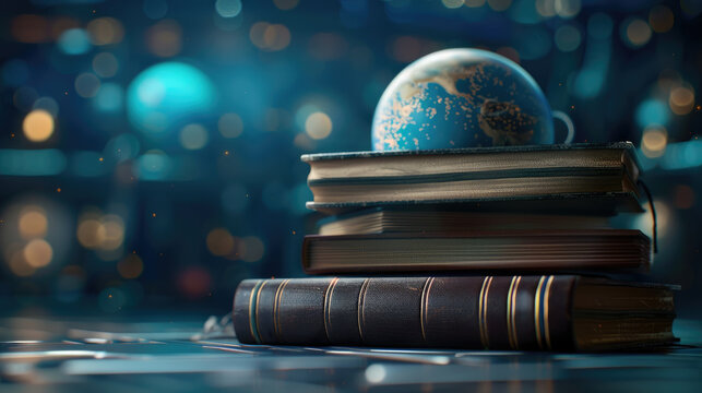 Futuristic spaceship library with interactive books showcasing Earth's literature, deep depth of field, copy space, covers all objects.