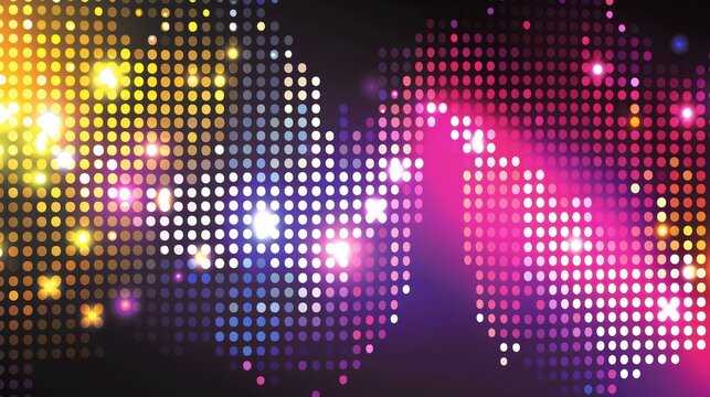 This image features a vibrant array of colorful lights and pixel patterns, blending purples, pinks, and yellows in a dazzling digital abstract style, evoking energy and motion.