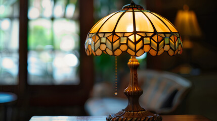 An ornate table lamp with a decorative ceramic base and intricate floral motifs, adding a touch of vintage elegance to a traditional living room ai generative