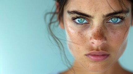 a close-up of a beautiful woman with an angry expression, her eyes blazing with fury and her lips pressed into a thin line, capturing the intensity of her rage, providing ample copy space for text