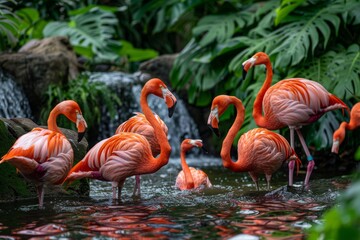 Beautiful vibrant coloured American flamingos and Greater flamingos preening
