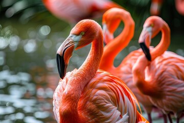 Beautiful vibrant coloured American flamingos and Greater flamingos preening