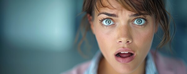 a close-up of a beautiful woman with a fearful expression, her eyes wide with terror and her mouth open in a silent scream, capturing a moment of intense fear, providing clear copy space for text