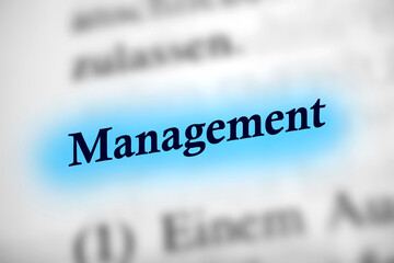 Obraz premium Management - Deutsches Text Wort mit hellblauer Markierung und blauen Buchstaben