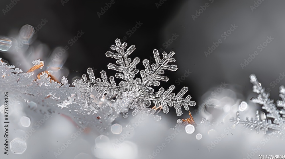 Poster a detailed macro photograph of a delicate snowflake resting on a frost-covered surface, capturing it
