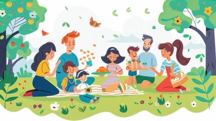 Fototapeta premium Children having a garden picnic with parents, family bonding, healthy snacks, kids family picnic garden, wholesome outdoor time