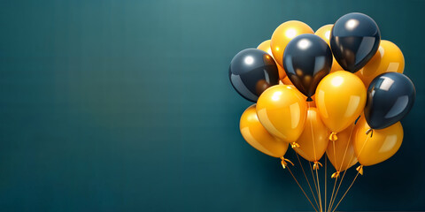 Blue gift box with a gold ribbon on a blue background with black and yellow balloons floating, perfect for black friday or cyber monday promotions