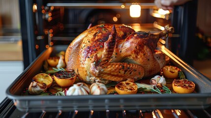 Naklejka premium Whole roasted turkey, seasoned and garnished, rests in a spacious oven, highlighted by carefully placed garlic heads and sliced lemons, signifying a delicious feast ahead.
