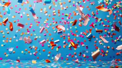 Vibrant confetti pieces of various shapes and colors are suspended mid-air against a bright blue background, capturing the essence of celebration and joy crisply.