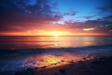 a very beautiful view of the sunset on the beach with generative ai