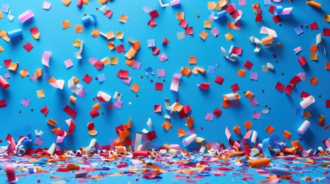 Various colorful confetti pieces are seen floating against a blue backdrop, representing a festive and vibrant atmosphere filled with joy, celebration, and energy.