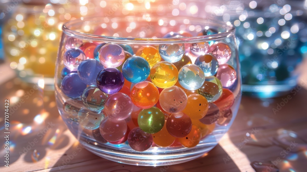 Aufkleber a glass bowl containing an assortment of colorful marbles is illuminated by warm light, highlighting