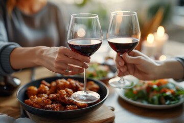 Elegant Couple Toasting with Red Wine at Candlelit Dinner Table