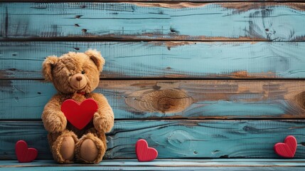 An adorable teddy bear is holding a red heart against a rustic wooden backdrop with scattered red hearts, creating a sentimental and warm composition embodying love and affection.