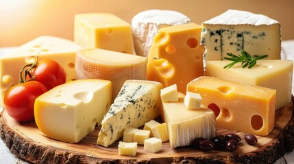 A mouth-watering cheese platter with a variety of cheeses, including blue cheese, Swiss cheese, and Brie, presented alongside cherry tomatoes and decorative herbs.