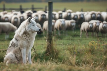 Obraz premium Wolf Guarding Flock of Sheep