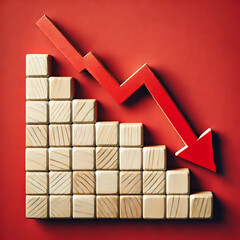 Flèche rouge descendante sur des cubes en bois, représentant un déclin économique