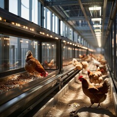 Modern and Humane Farming: Chickens Feeding in Spacious, Well-lit Coop with Emphasis on Animal Welfare