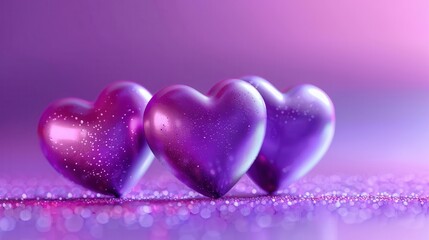Obraz premium An eye-catching depiction of three shiny purple hearts perfectly aligned on a glittery sparkly background, capturing the essence of love and joyful celebration.