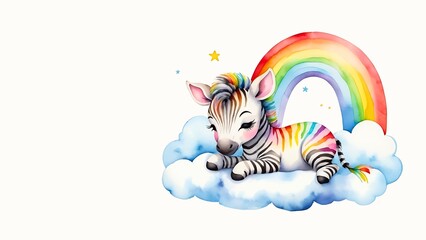 Watercolor painting baby zebra sleeping on a cloud with rainbow background. Africa animal illustration with copy space for design, story book, nursery decor, wallpaper