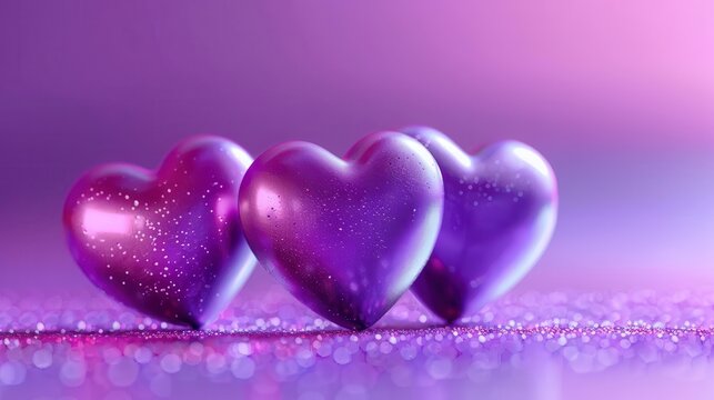 An eye-catching depiction of three shiny purple hearts perfectly aligned on a glittery sparkly background, capturing the essence of love and joyful celebration.