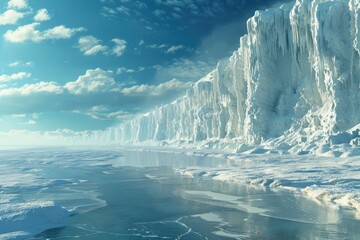 A massive ice cliff on the shore of a frozen lake, perfect for winter landscapes and outdoor activities