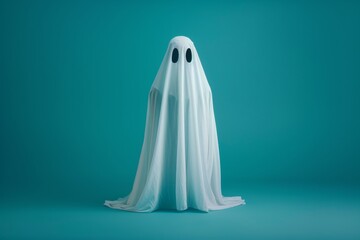 3D illustration mockup and rendering presents a charming ghost, dressed in a white sheet, radiating happiness with its joyful smile, isolated green blue background.