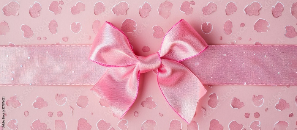 Poster top view of a pink ribbon bow on holiday paper, creating a festive background with ample copy space 
