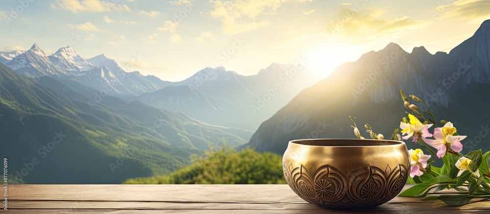 Poster A golden singing bowl and a flower arranged on a wooden table with a scenic mountain backdrop, creating a serene setting with room for adding text alongside the image.