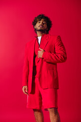 Stylish young Indian man in red suit strikes a pose against a vibrant backdrop.