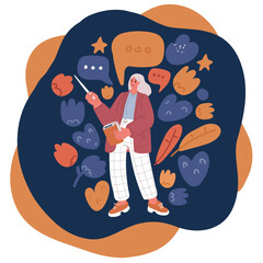 Carton vector illustration of female teacher over dark background.