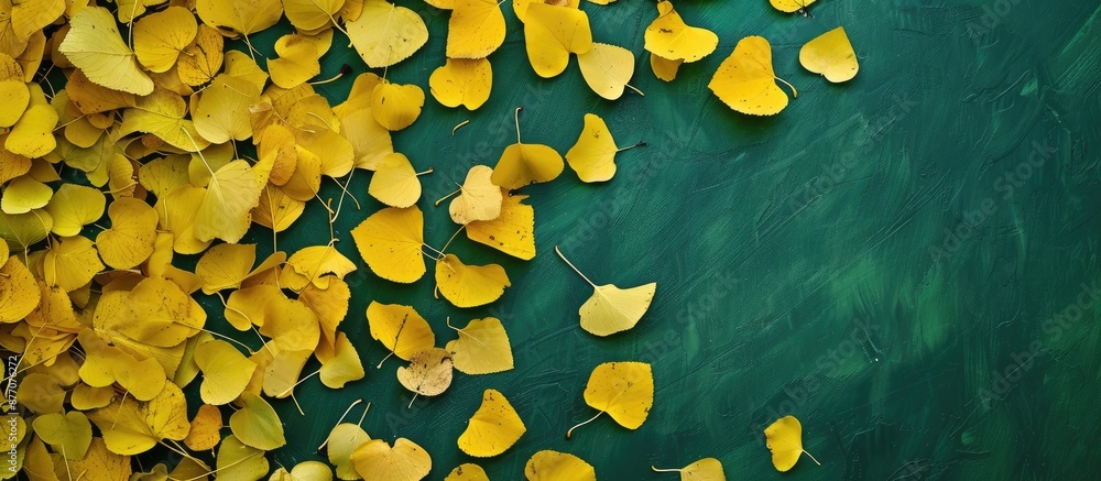 Poster a scenic view from above showing yellowed leaves on a green background, providing space for your cop