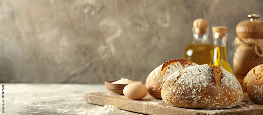 Poster ingredients for baking homemade bread in a kitchen setting with copy space image available.
