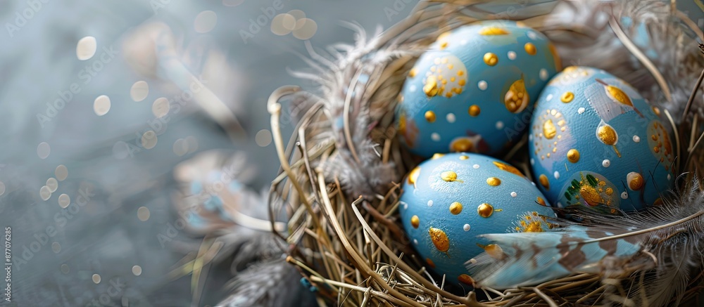 Poster Close-up of a decorative nest featuring painted Easter eggs on a gray backdrop with feathers, perfect for a copy space image.