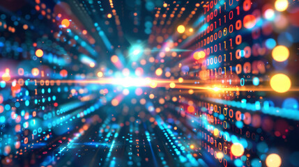 Obraz premium Binary Code Background: A Detailed and Vibrant Digital Pattern with Copy Space for Futuristic and Tech-Themed Design Elements