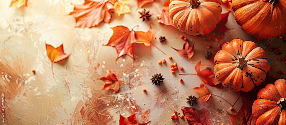 Poster pumpkin decorations with potpourri on a desk with copy space image.
