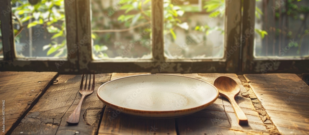Aufkleber An empty plate, along with a wooden spoon and fork, rests on a brown wooden table by a window with a view, creating a perfect copy space image.