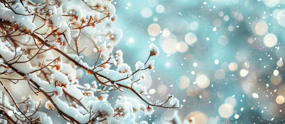 Poster snow-covered tree branch in a winter setting with copy space image for various design purposes like 
