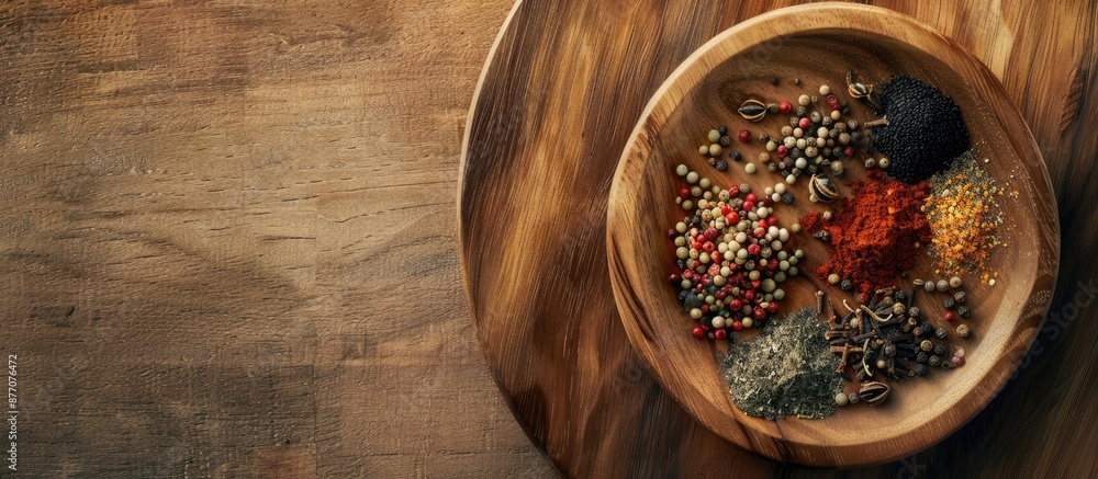 Aufkleber top view of spices displayed on a wooden plate placed on a wooden table, with available copy space i