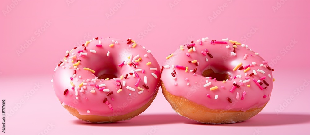 Wall mural A pair of new, sugary pink donuts with vibrant red sprinkles are displayed in this enticing copy space image.