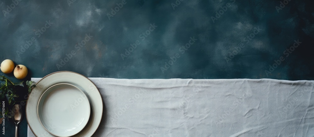 Aufkleber top view of a kitchen table adorned with empty plates and towels against a stone cooking background,