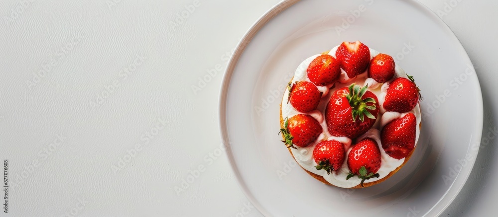 Poster top-down photo of a strawberry cake on a white plate with visible film grain texture, offering ample