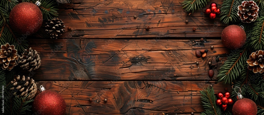 Poster old wooden background adorned with evergreen fir twigs, glossy red baubles, and pine cones, creating
