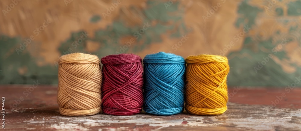 Poster six cotton cord skeins for knitting set against a beautiful background, perfect for needlework proje
