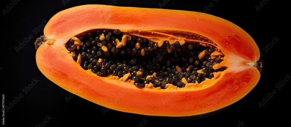 Poster top view of half a ripe papaya on a white background with copy space image included.