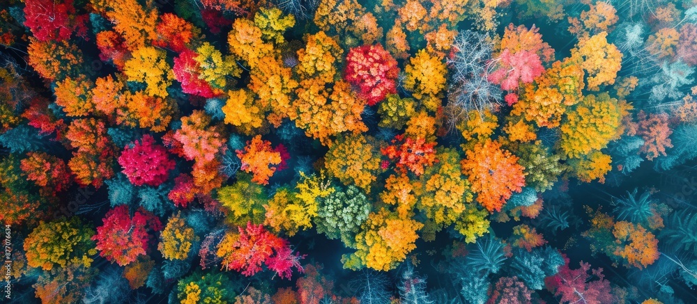 Poster Capture a stunning aerial perspective of vibrant fall foliage against a blank surface for text or designs in the frame - ideal for a copy space image.