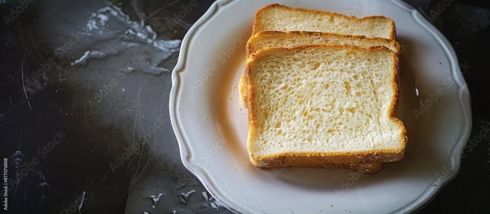 Poster a slice of bread displayed on a white plate, with copy space image.