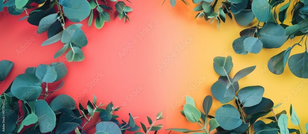 Poster eucalyptus branches frame displayed on a colorful backdrop with ample copy space image.