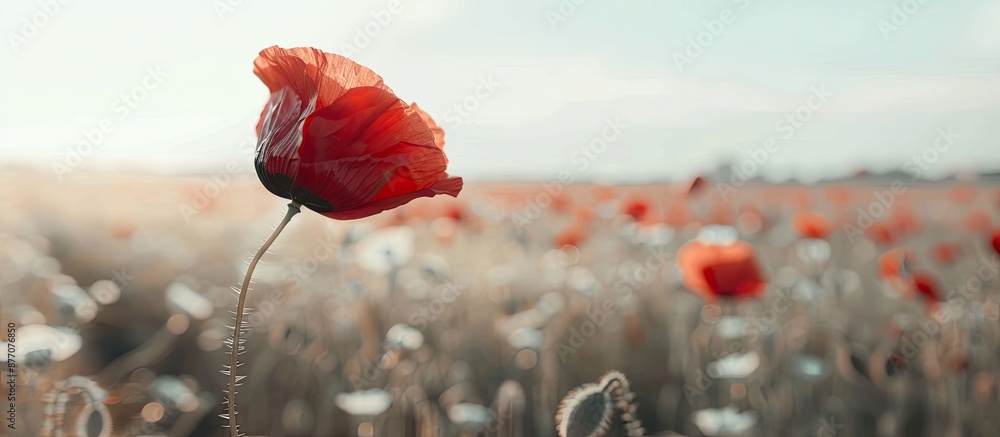 Poster Poppy blooming in a field with a white hue, creating a serene and peaceful atmosphere. Prominent and striking against a backdrop with copy space image.