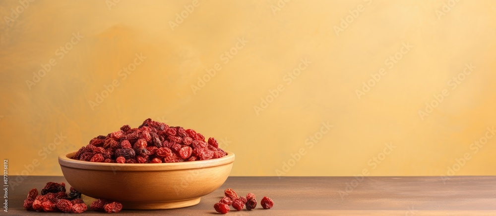 Poster Light background enhances bowl filled with dried barberries, creating an appealing copy space image.